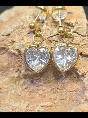 Hand Crafted Gold Heart Drop Earrings with Clear Stones NWOT
